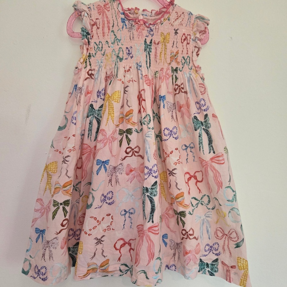 Pink Chicken Girls 4Y Pink Watercolor Bow Print Smocked Cotton Gauze Dress